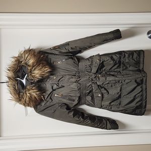 DKNY Youth L Hooded Faux Fur Trench Coat